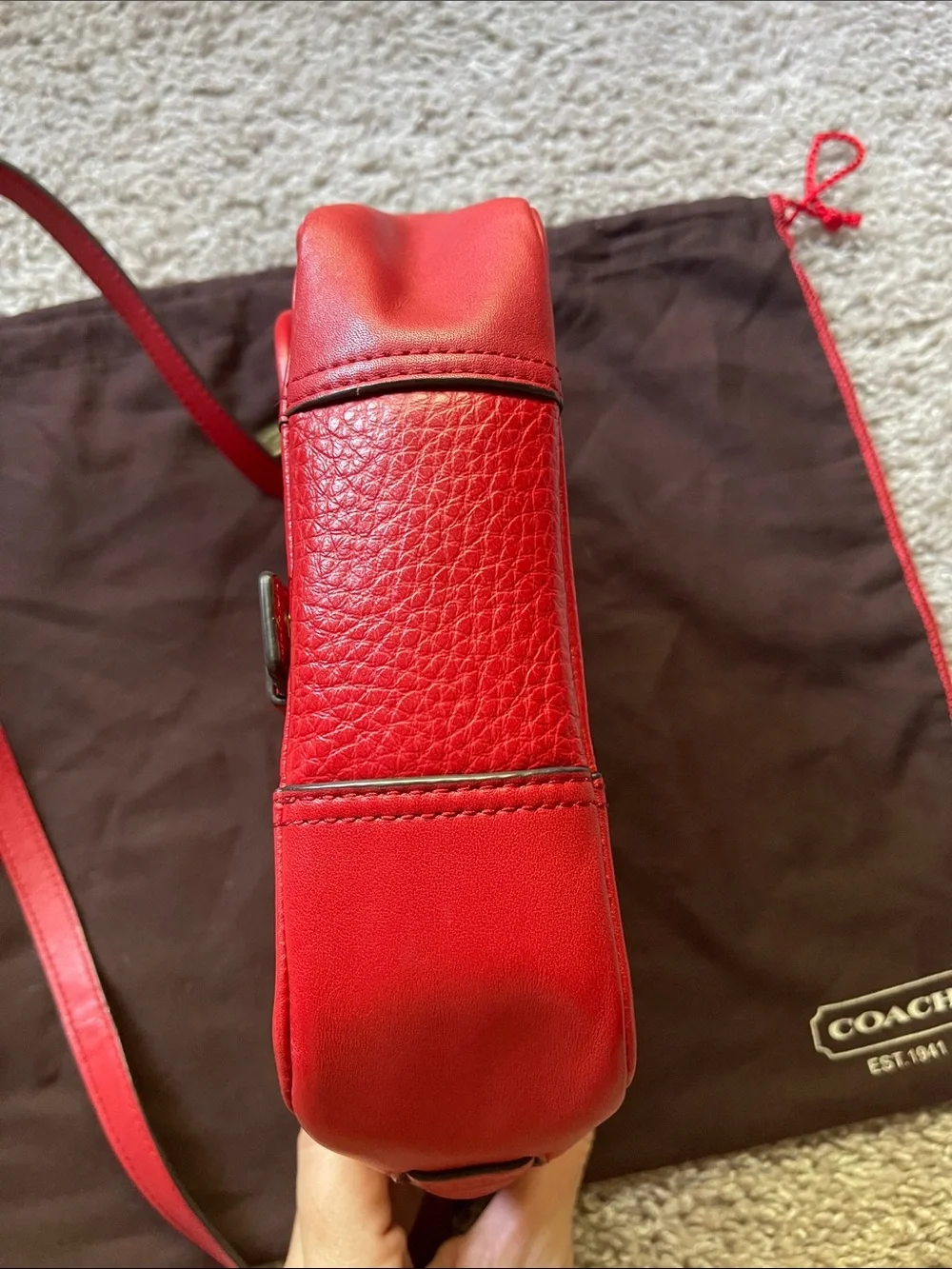 Coach Red Pebbled Leather Buckle-Front Crossbody